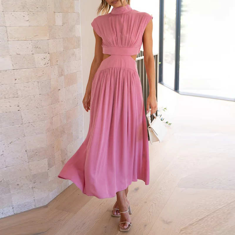 Dames Midi Cut-Out Jurk Met Hoge Hals En Geplooide Details – Lente, Zomer En Herfst
