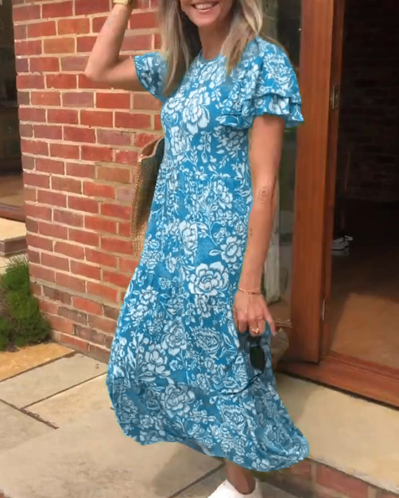 Dames Midi-Jurk Met Bloemenprint En Korte Mouwen – Lente, Zomer