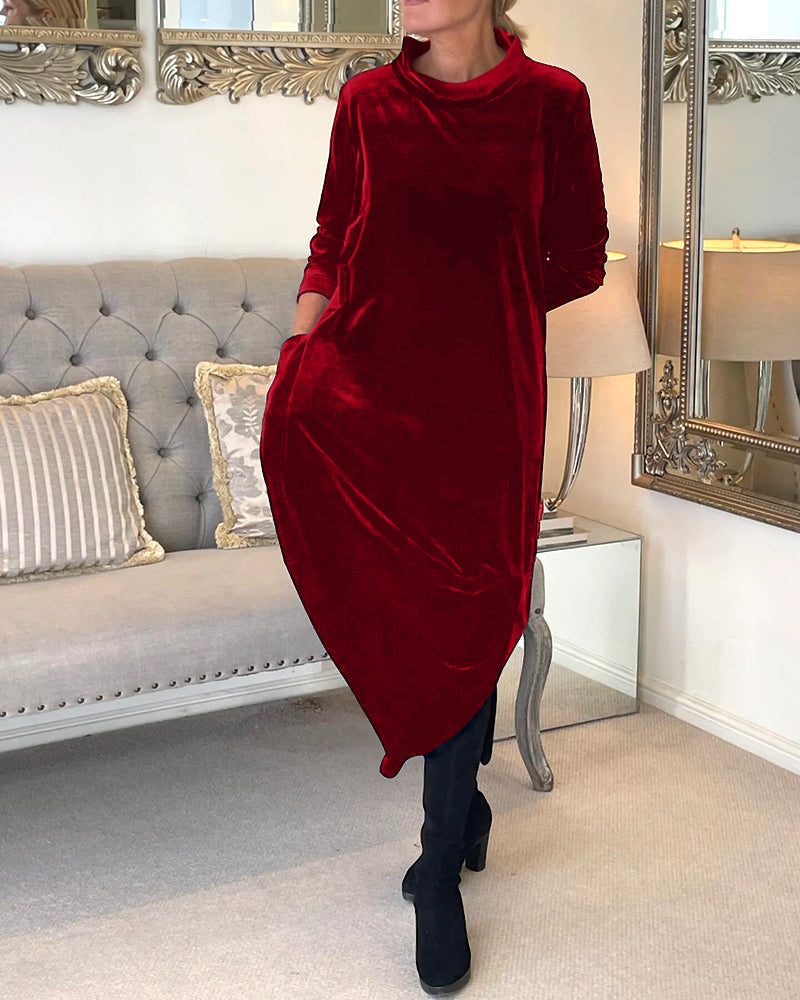 Velvet Cocoonjurk Met Colkraag En Steekzakken – Luxueuze Nonchalance Met Zachte Glans