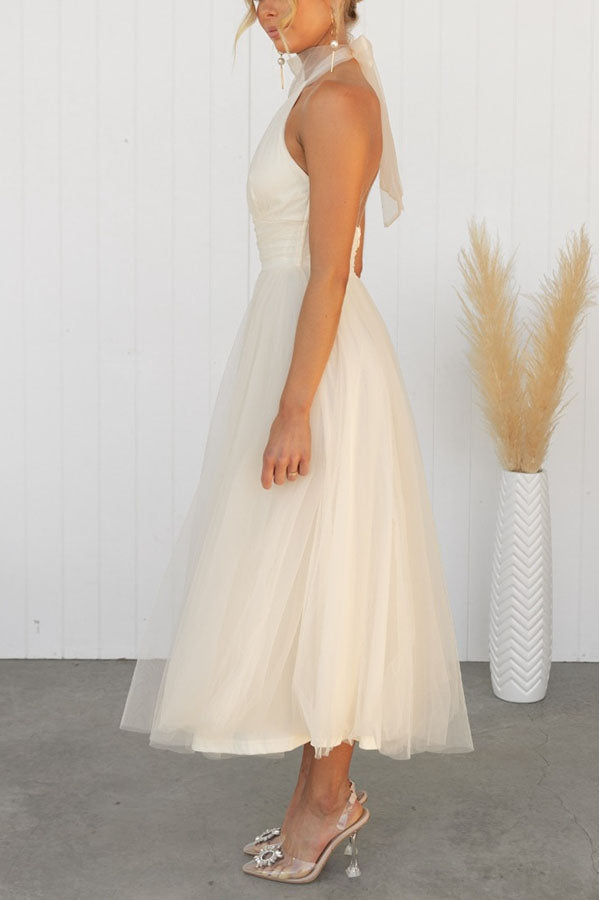 Tule Halterjurk Met Hoge Hals En Zwierige Rok – Etherisch En Elegant