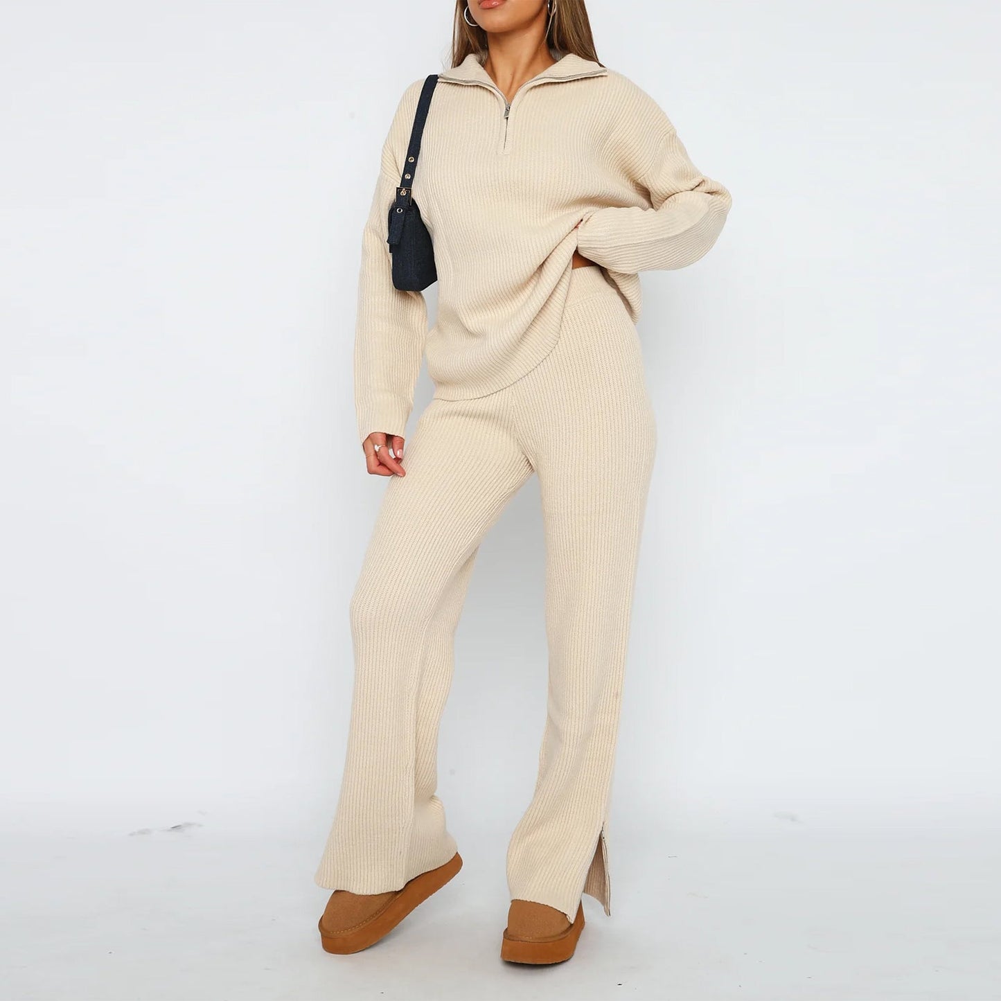 Dames Knit Set Met Half-Zip Trui En Rechte Broek – Ideaal Voor Herfst, Winter En Vroege Lente