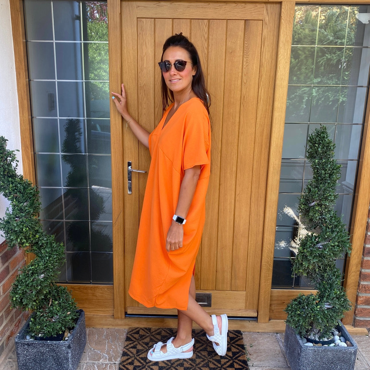 Dames Losvallende Midi-Jurk Met V-Hals En Korte Mouwen – Lente, Zomer En Casual Momenten