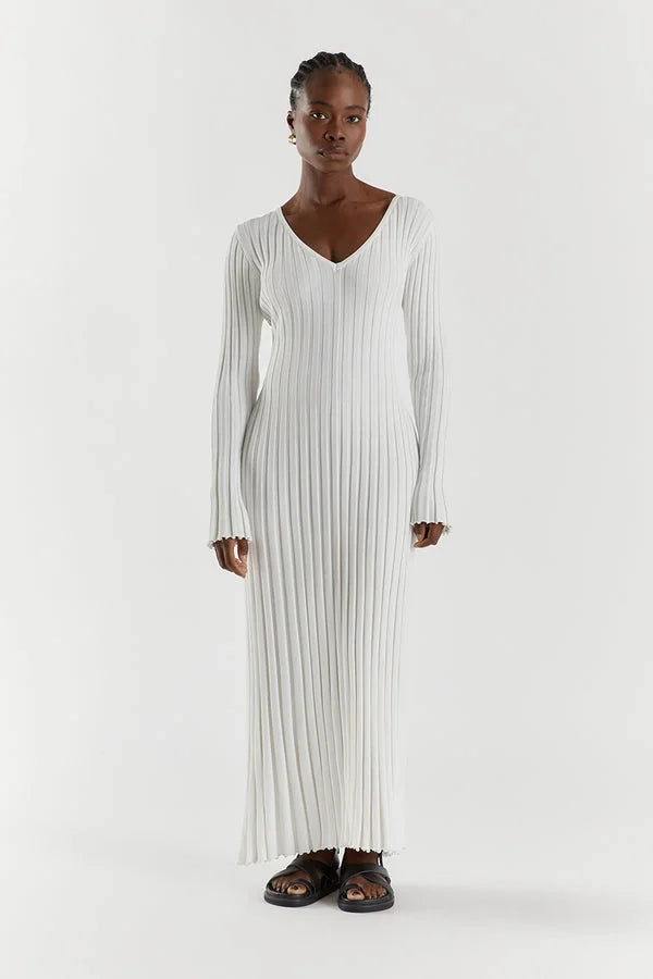 Dames Ribgebreide Maxi-Jurk Met V-Hals En Lange Mouwen – Voorjaar, Zomer En Herfst