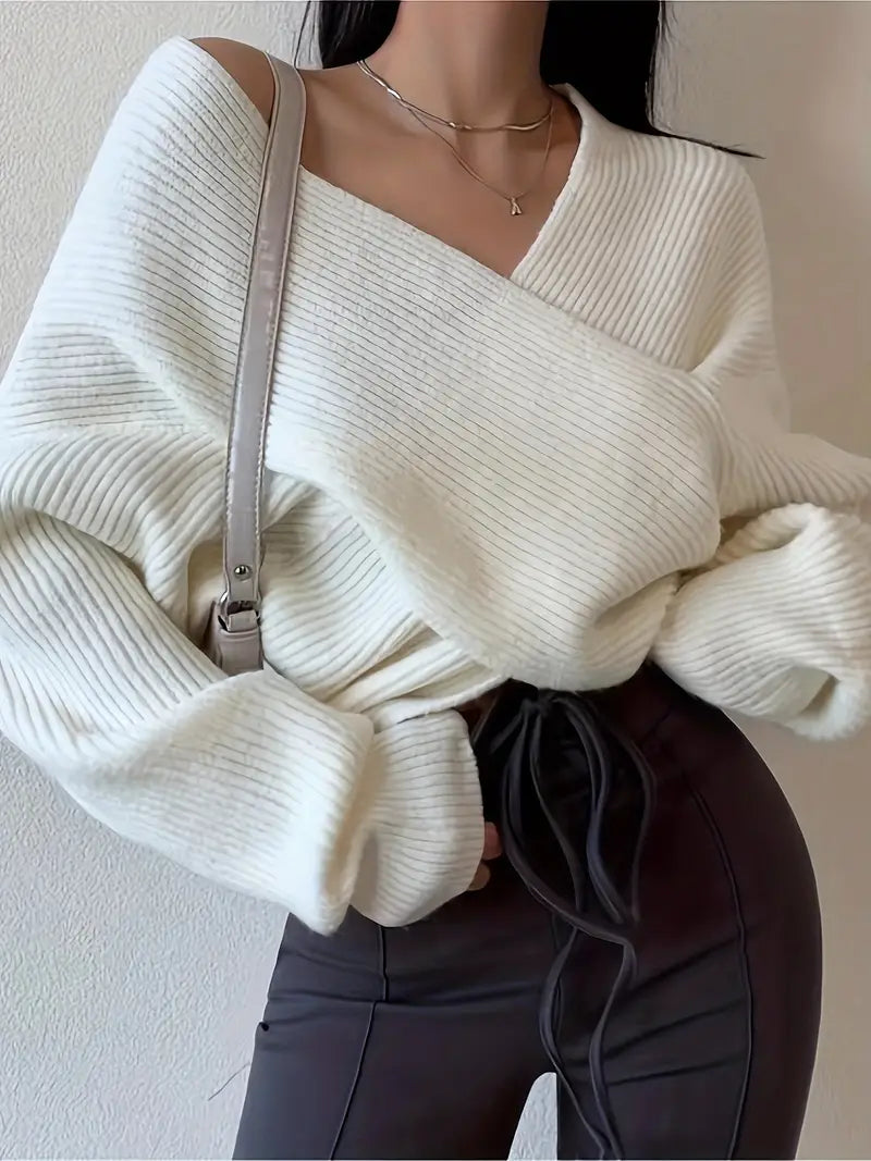 Off-Shoulder Damestrui Met Ribstructuur – Vrouwelijke Knitwear Voor Najaar En Winter