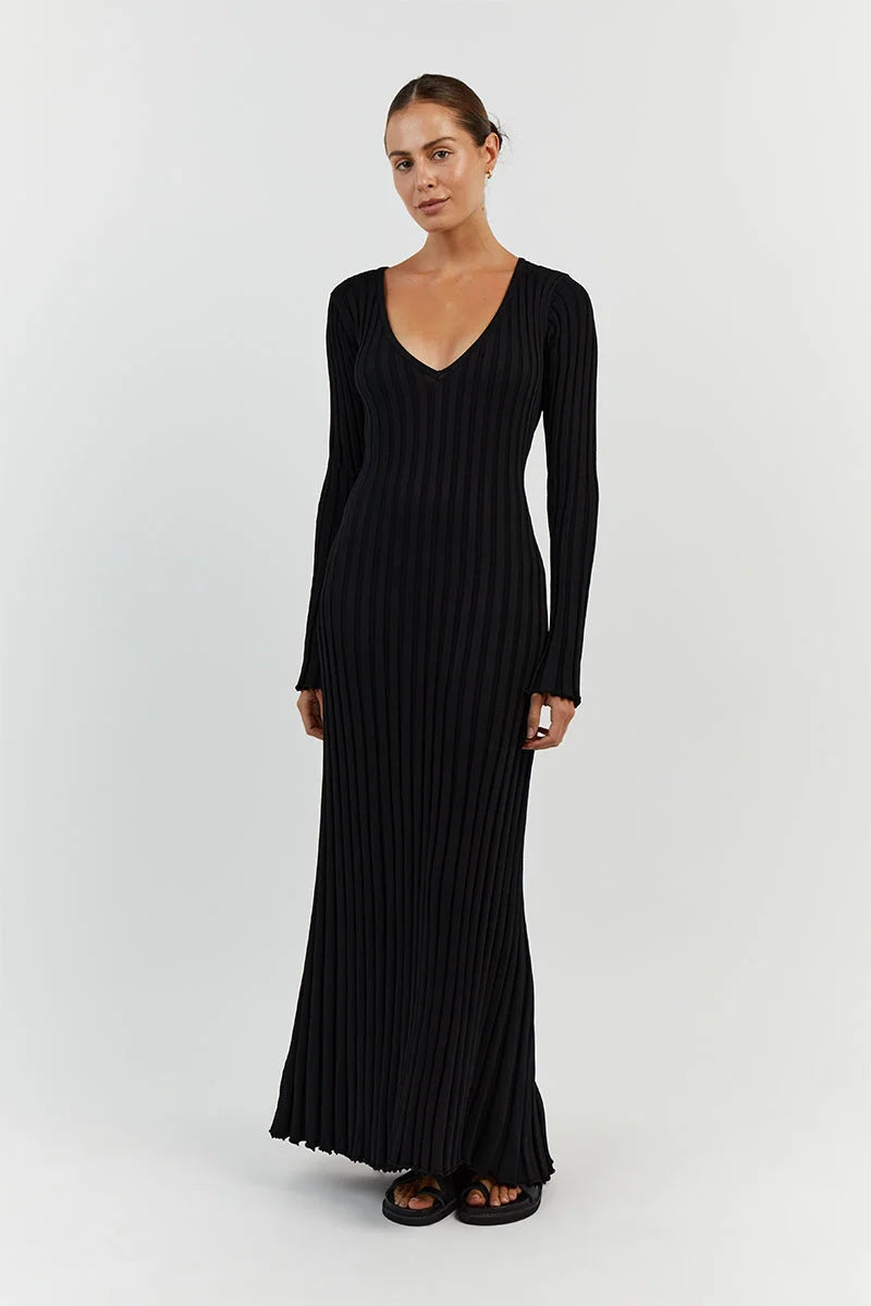 Dames Ribgebreide Maxi-Jurk Met V-Hals En Lange Mouwen – Voorjaar, Zomer En Herfst