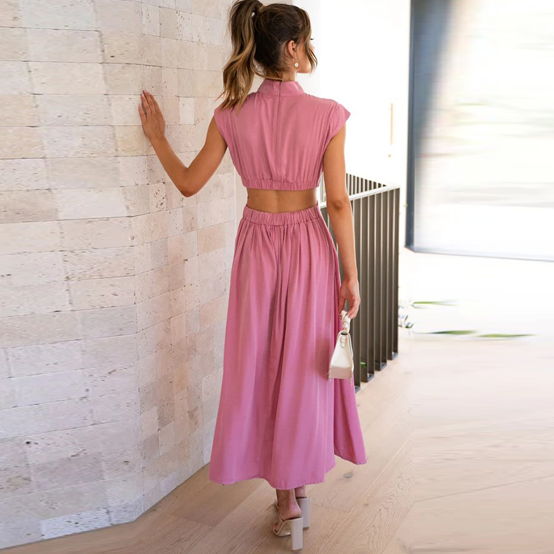Dames Midi Cut-Out Jurk Met Hoge Hals En Geplooide Details – Lente, Zomer En Herfst