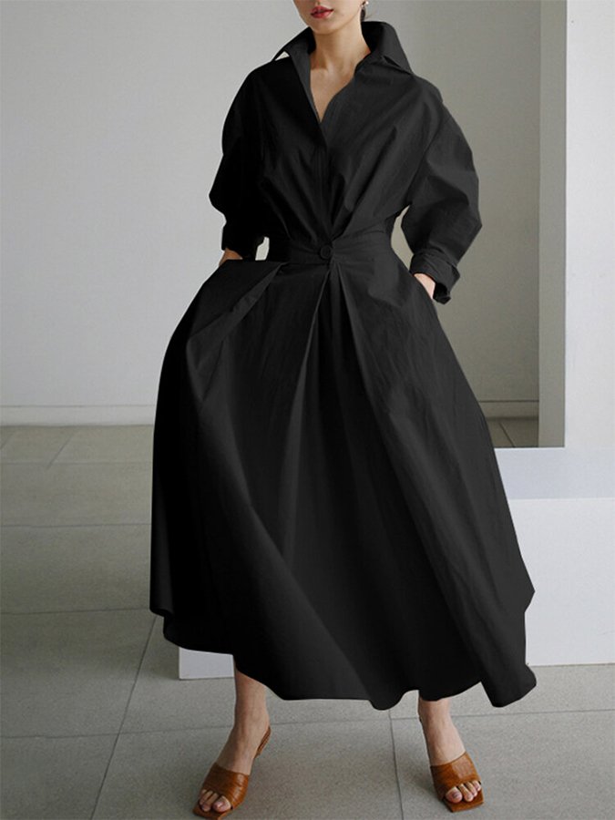 Stijlvolle Maxi Jurk Voor Dames – Effen Kleur, Praktische Zakken & Elegante Revers Met Knopen Voor Een Tijdloze Look Op Elke Gelegenheid.