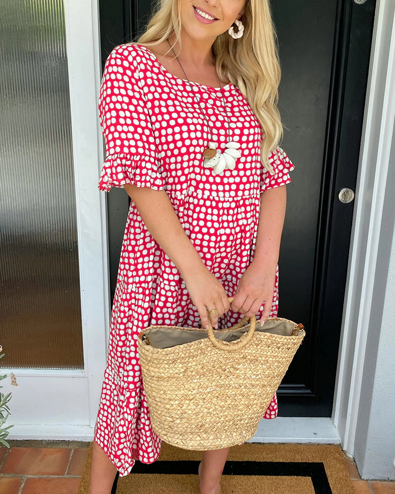 Dames Midi-Jurk Met Stippenprint En Ruches – Lente, Zomer En Vroege Herfst