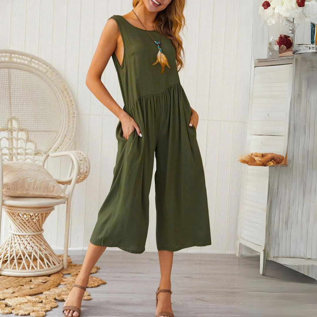 Mouwloze Midi Jumpsuit Met Wijde Pijpen En Zakken – Luchtig En Stijlvol Zomerstuk
