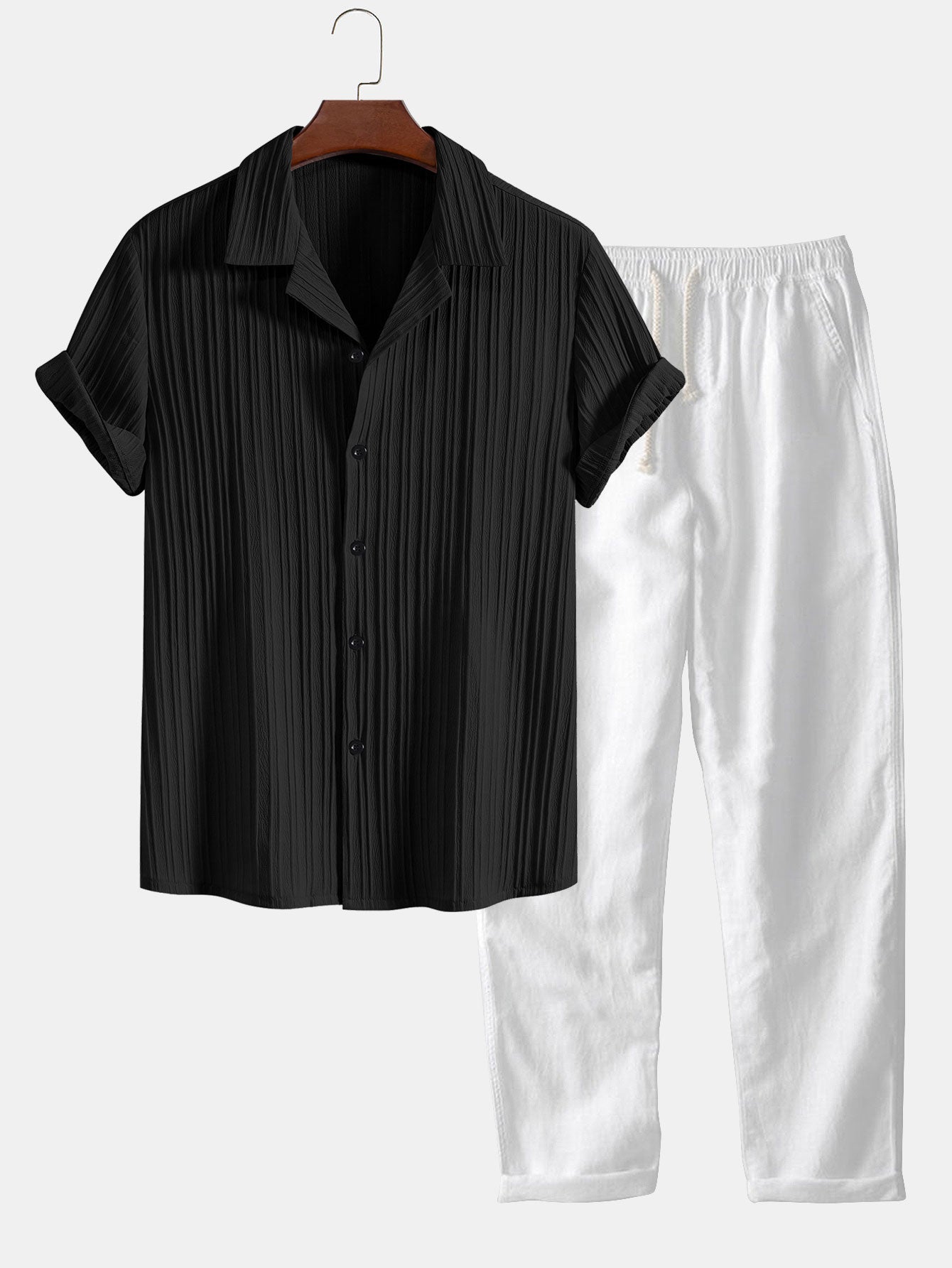 Heren zomerset met kort overhemd en rechte broek – luchtige plooistructuur & casual fit