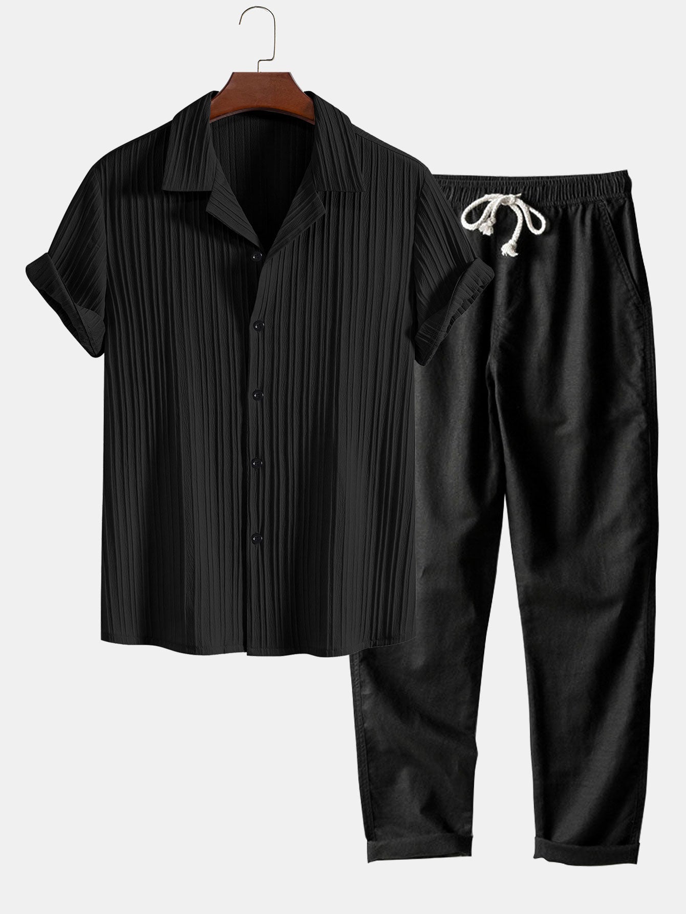 Heren zomerset met kort overhemd en rechte broek – luchtige plooistructuur & casual fit