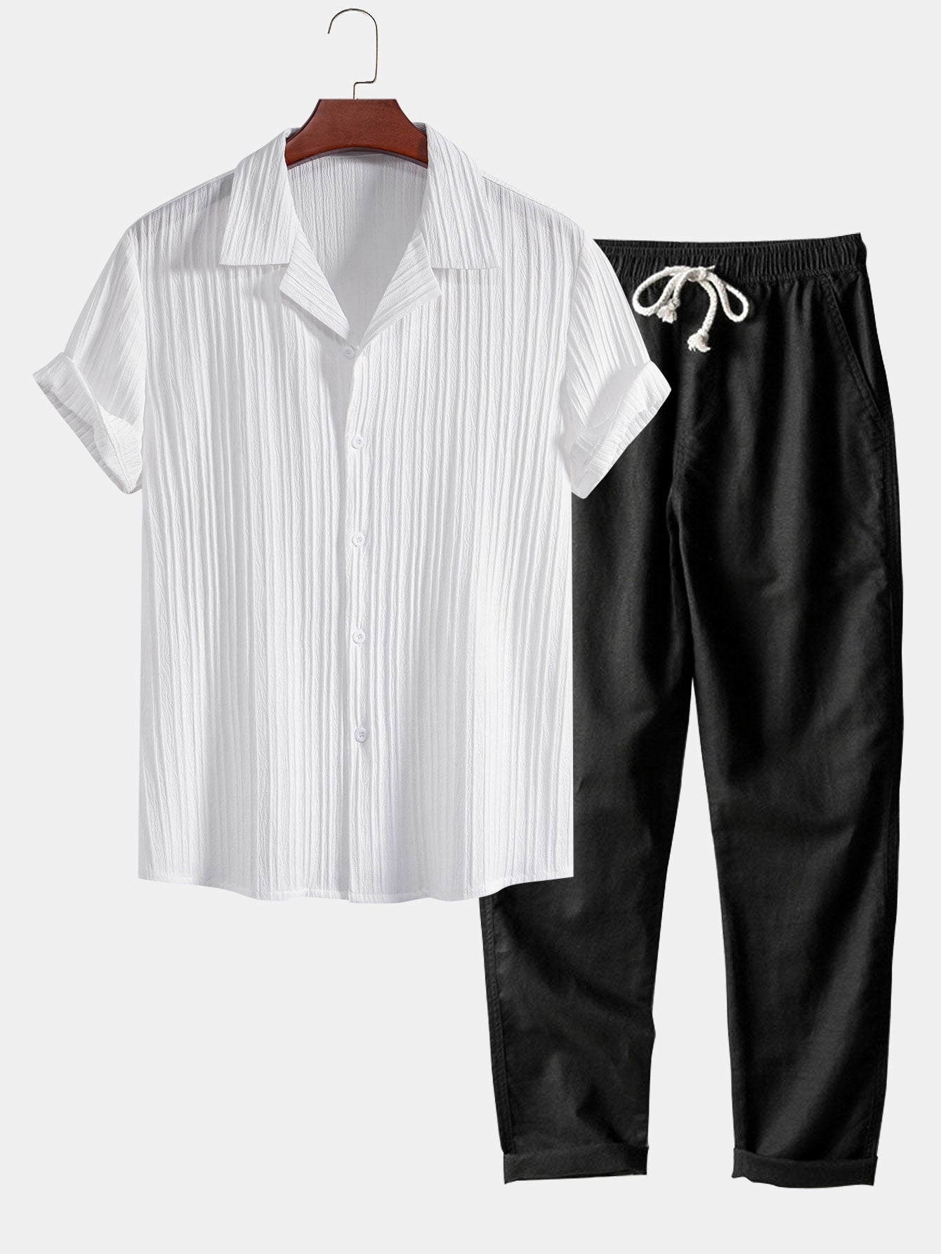 Heren zomerset met kort overhemd en rechte broek – luchtige plooistructuur & casual fit