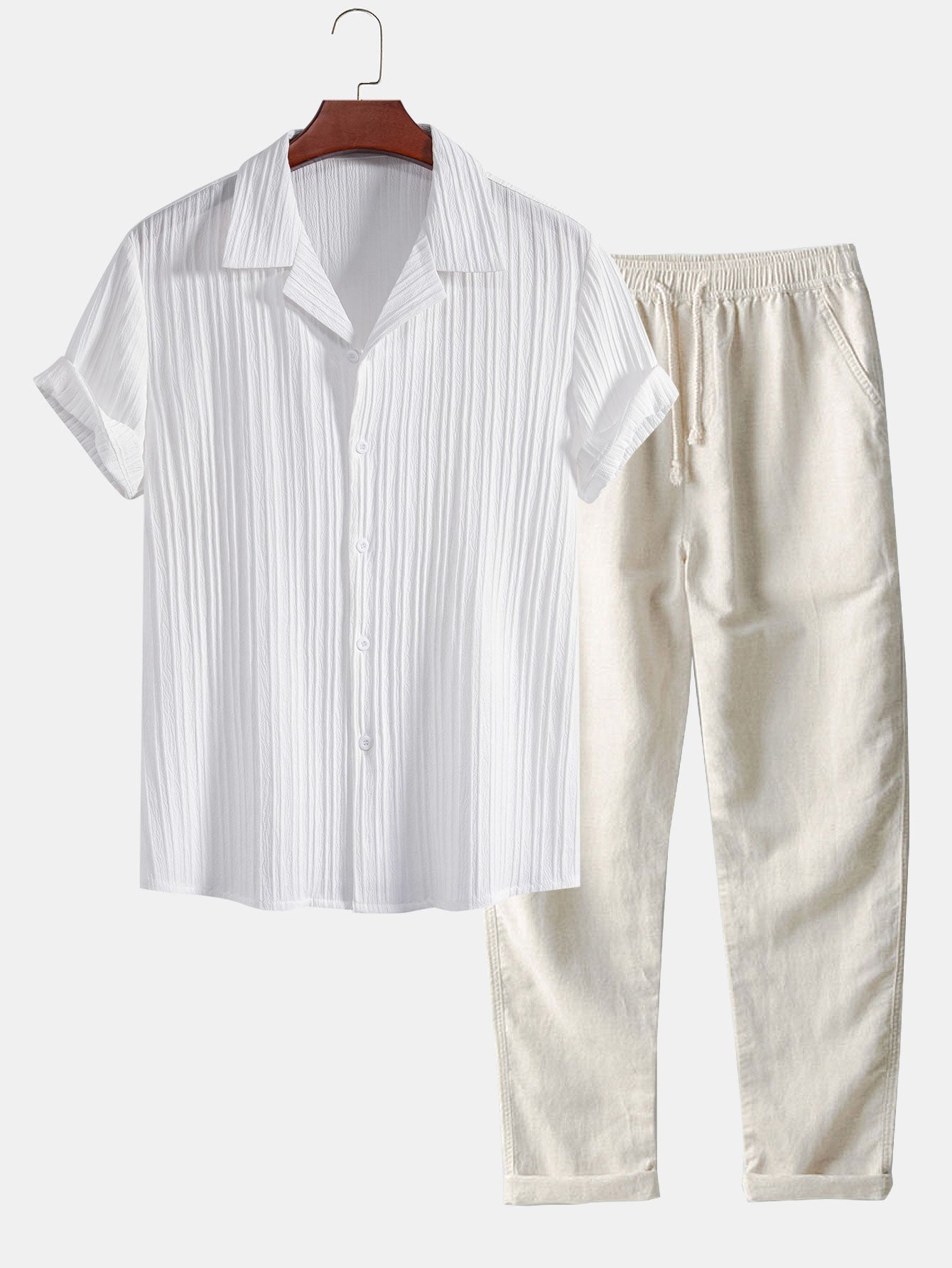 Heren zomerset met kort overhemd en rechte broek – luchtige plooistructuur & casual fit
