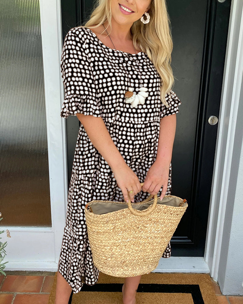 Dames Midi-Jurk Met Stippenprint En Ruches – Lente, Zomer En Vroege Herfst