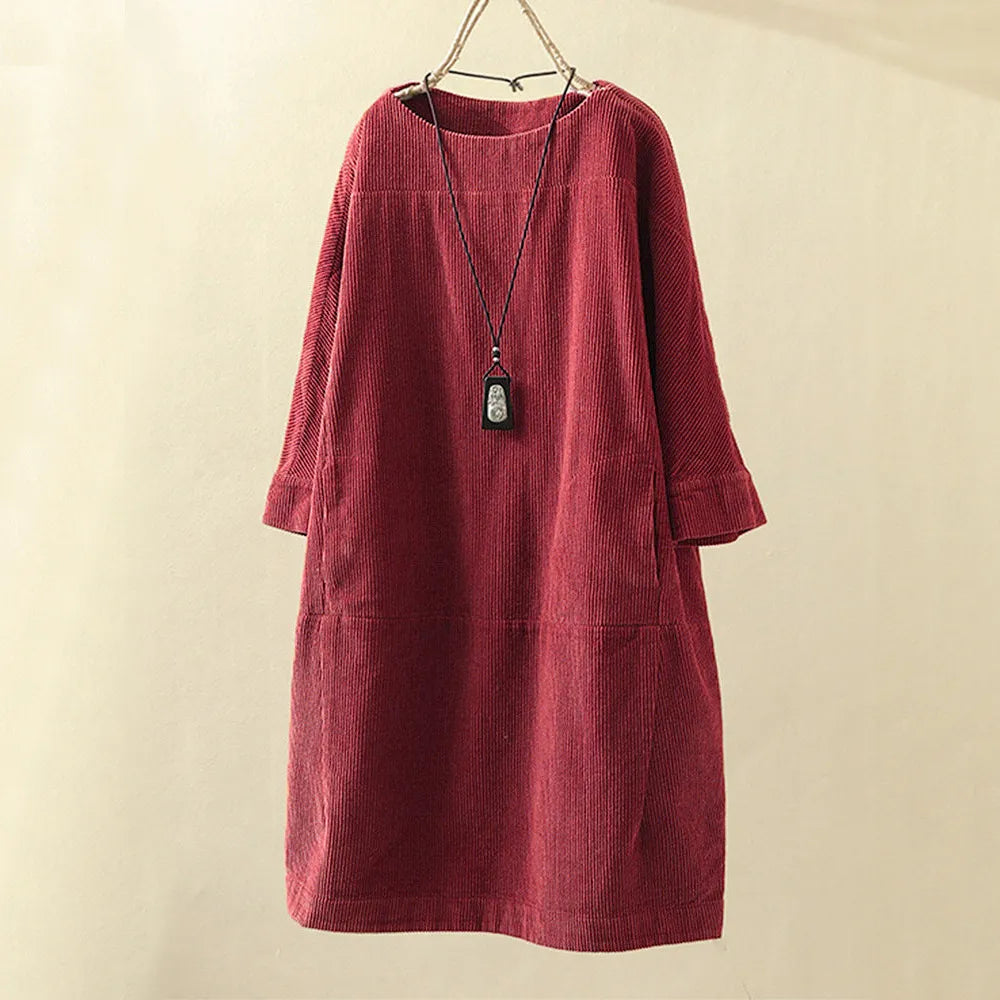 Loose Fit Corduroy Jurk Met Driekwartmouwen – Vintage Comfort Met Natuurlijke Flair