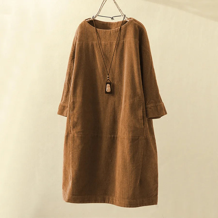 Loose Fit Corduroy Jurk Met Driekwartmouwen – Vintage Comfort Met Natuurlijke Flair