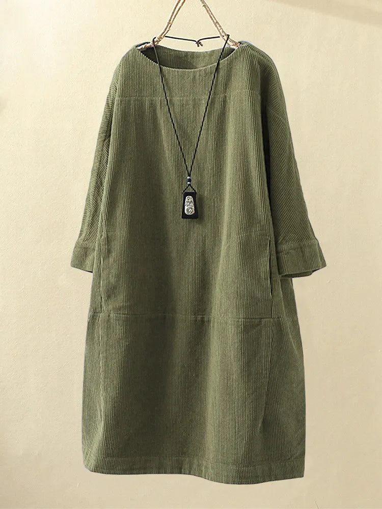 Loose Fit Corduroy Jurk Met Driekwartmouwen – Vintage Comfort Met Natuurlijke Flair