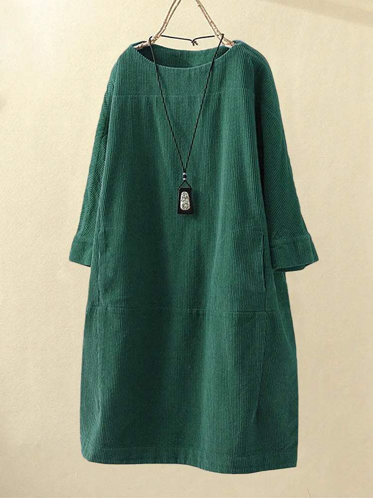 Loose Fit Corduroy Jurk Met Driekwartmouwen – Vintage Comfort Met Natuurlijke Flair