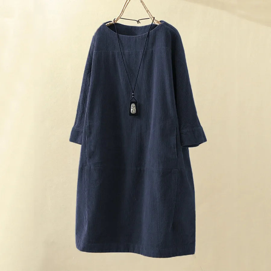 Loose Fit Corduroy Jurk Met Driekwartmouwen – Vintage Comfort Met Natuurlijke Flair