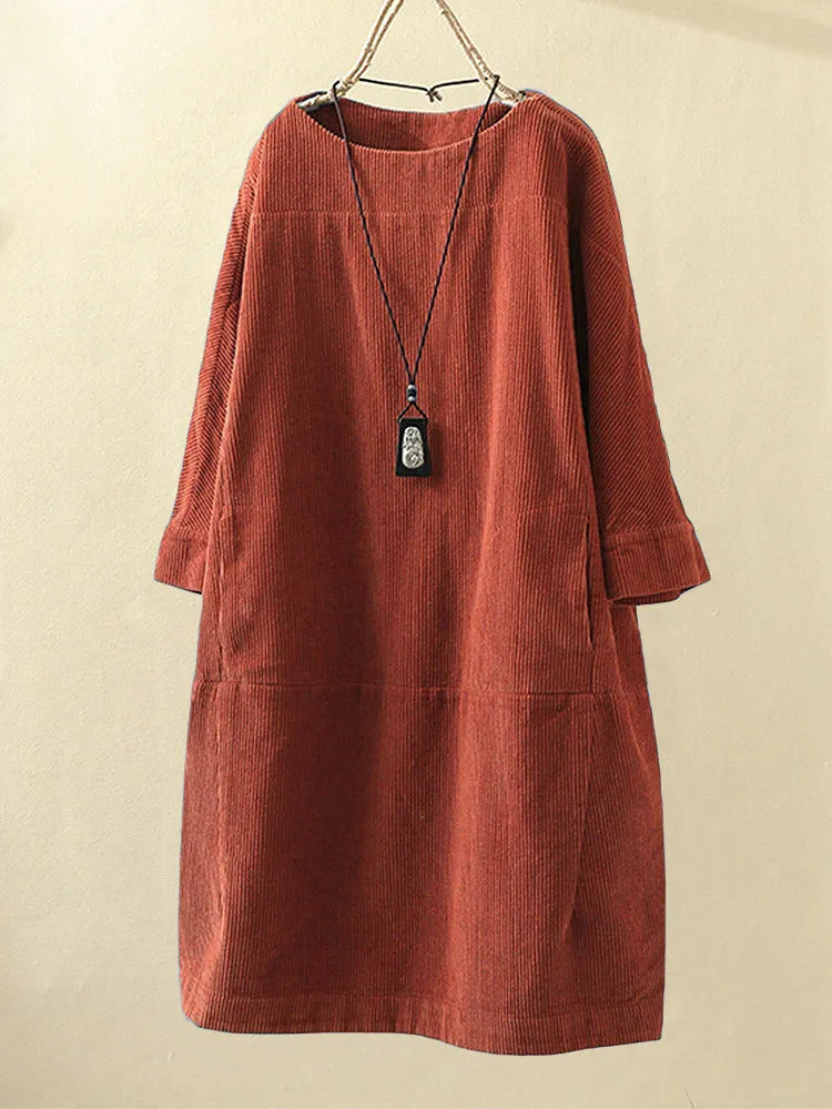 Loose Fit Corduroy Jurk Met Driekwartmouwen – Vintage Comfort Met Natuurlijke Flair