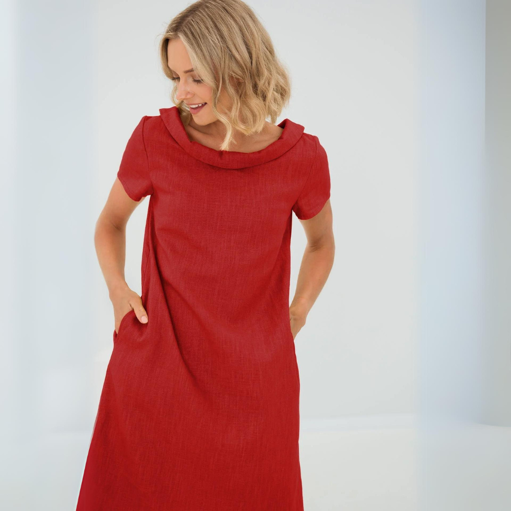 Dames Linnenlook Jurk Met Korte Mouwen En Brede Kraag – Lente, Zomer