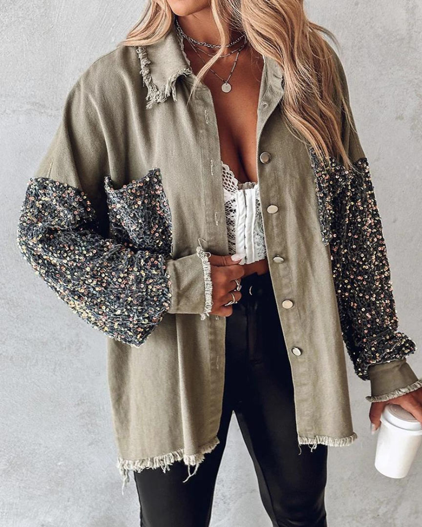 Casual Blousejas Met Pailletten – Opvallende Oversized Jas Voor Lente, Herfst & Koele Zomeravonden