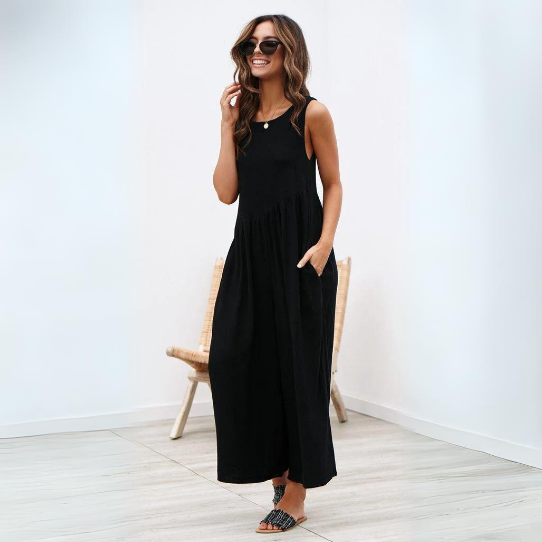 Mouwloze Midi Jumpsuit Met Wijde Pijpen En Zakken – Luchtig En Stijlvol Zomerstuk