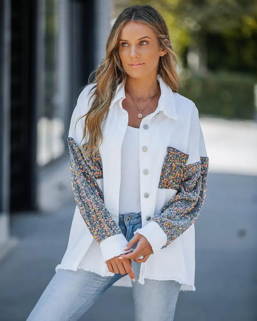 Casual Blousejas Met Pailletten – Opvallende Oversized Jas Voor Lente, Herfst & Koele Zomeravonden