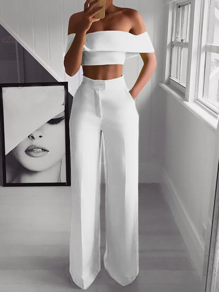 Tweedelige Dames Set Met Off-Shoulder Top En Wijde Broek – Lente, Zomer En Herfst