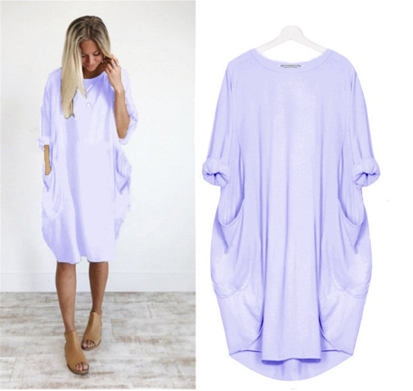 Dames Oversized Jurk Met Opgerolde Mouwen En Zakken – Lente, Zomer En Vroege Herfst