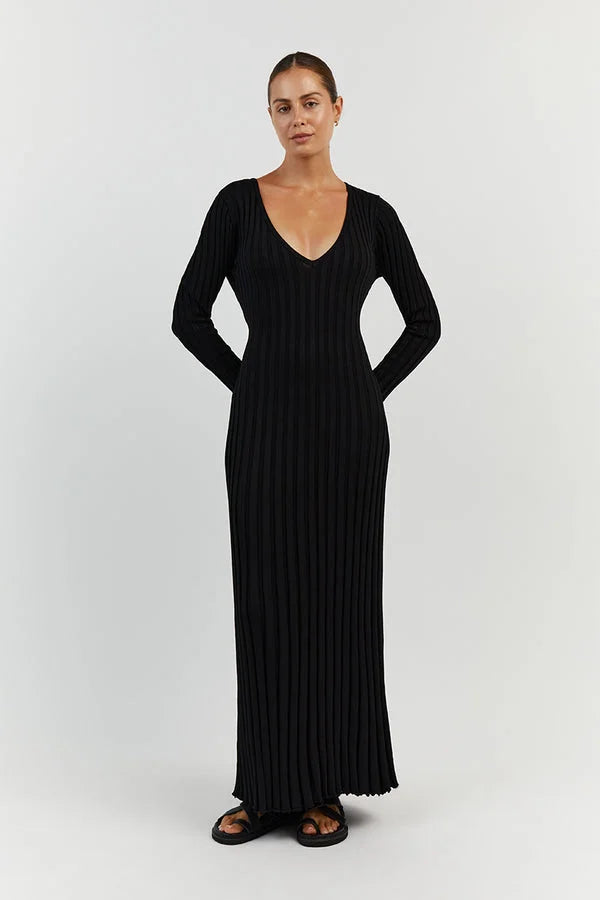 Dames Ribgebreide Maxi-Jurk Met V-Hals En Lange Mouwen – Voorjaar, Zomer En Herfst