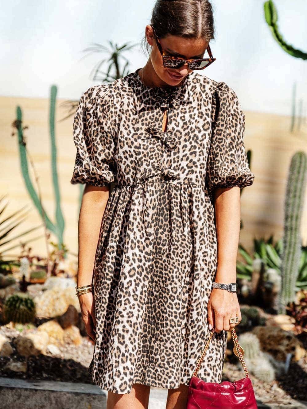Dames Panterprint Jurk Met Pofmouwen En Strikdetails – Lente, Zomer En Vroege Herfst