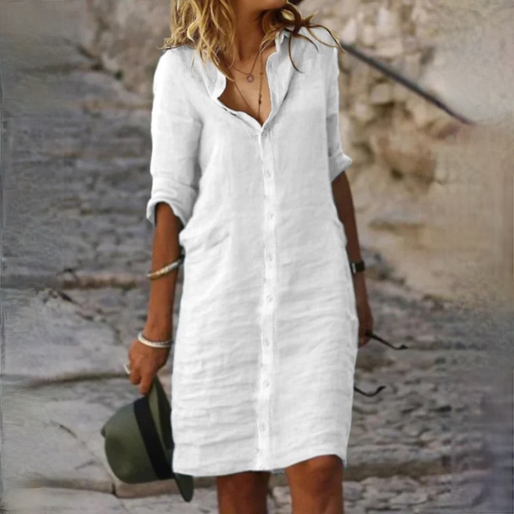 Dames Overhemdjurk Van Linnenlook Met Knoopsluiting – Lente, Zomer En Nazomer