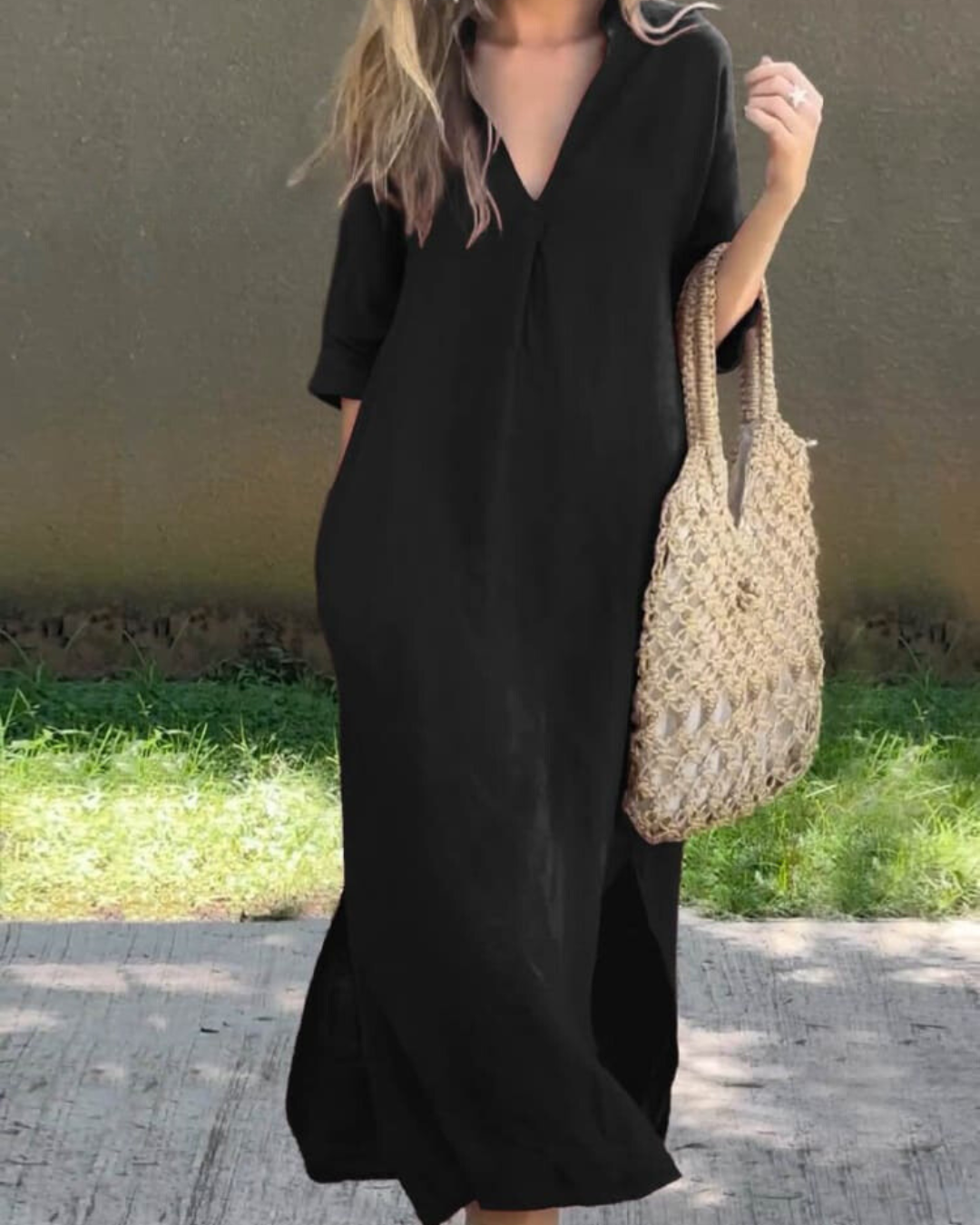 Dames Luchtige Maxi-Jurk Met V-Hals En Halflange Mouwen – Lente, Zomer En Vroege Herfst