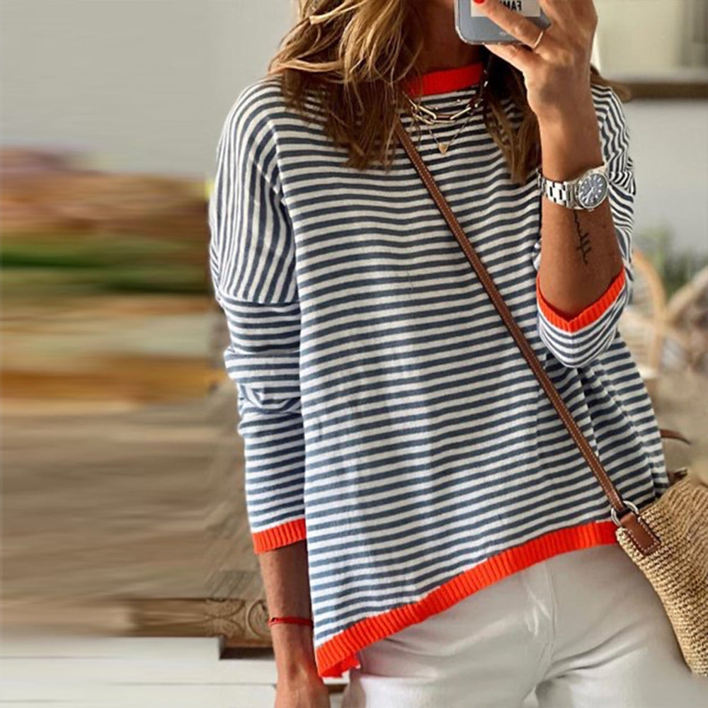 Dames Gestreepte Trui Met Oranje Accenten – Comfortabel, Stijlvol & Perfect Voor Lente, Zomer En Herfst