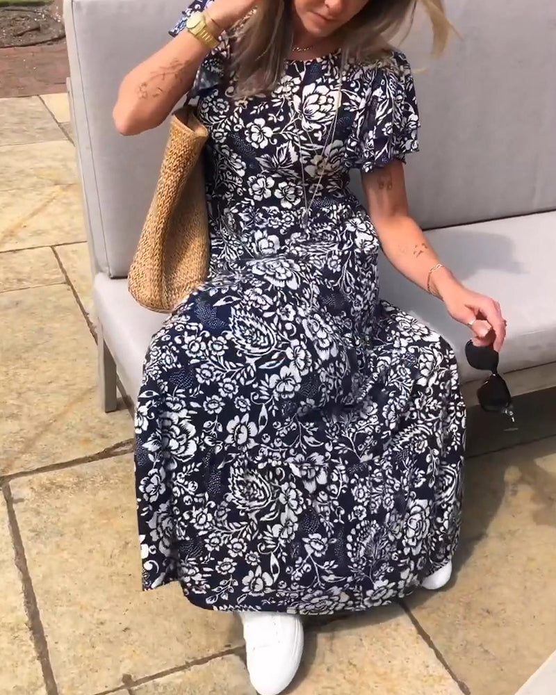 Dames Midi-Jurk Met Bloemenprint En Korte Mouwen – Lente, Zomer