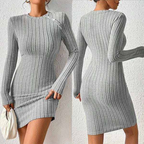 Dames Ribgebreide Bodycon Jurk Met Lange Mouwen En Ronde Hals – Voor Herfst, Winter En Lente