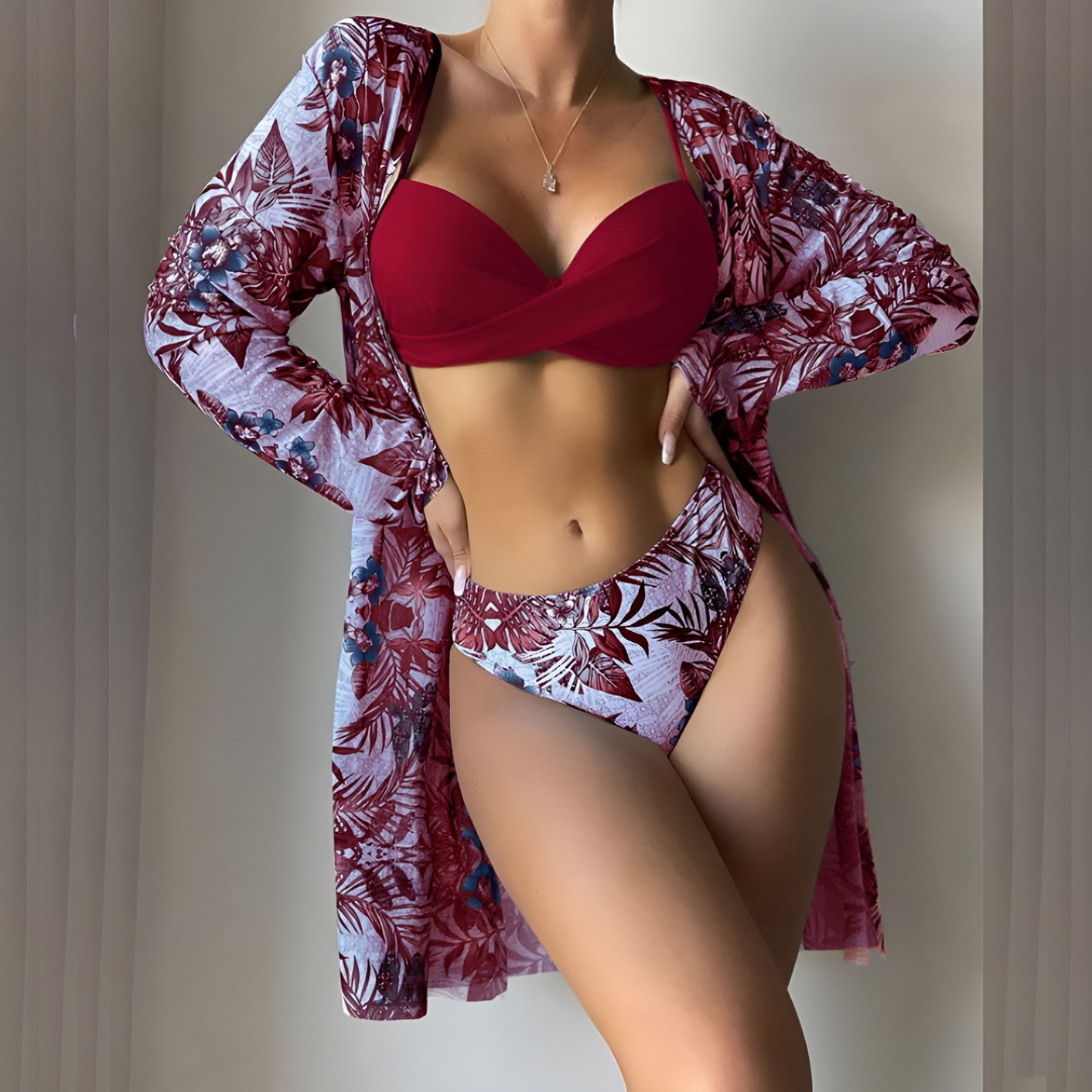 3-Delige Bikini Set Met Bloemenprint En Bijpassende Kimono – Stijlvolle Strandlook