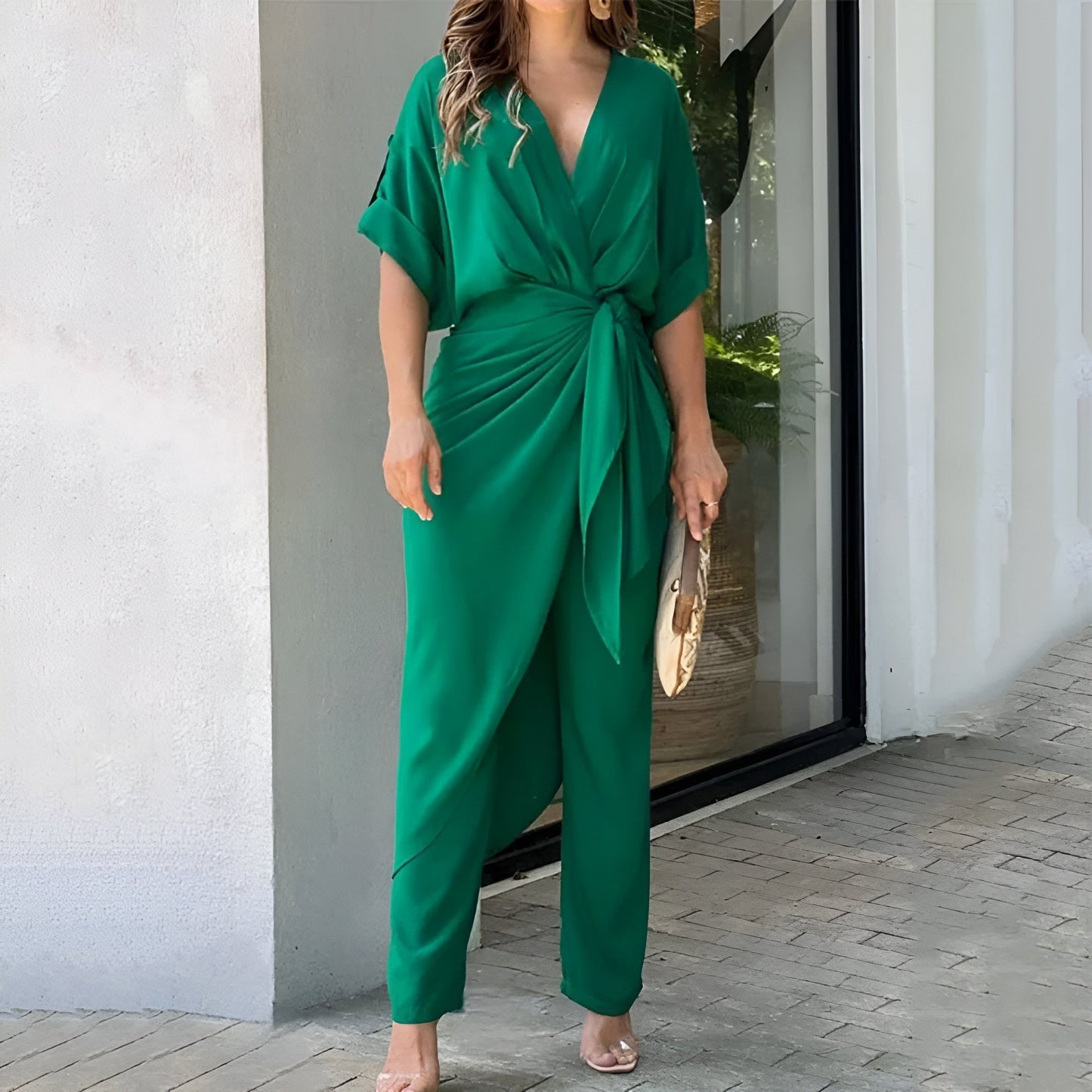 Chique Dames Two-Piece Set Met Wikkeltop En Wijde Broek – Elegant En Comfortabel