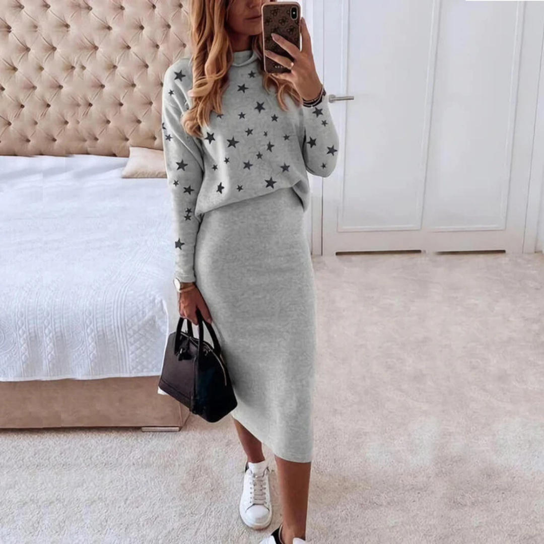 Comfortabele Dames Set Met Sterrenprint – Gebreide Top En Rok Voor Een Casual-Chique Look