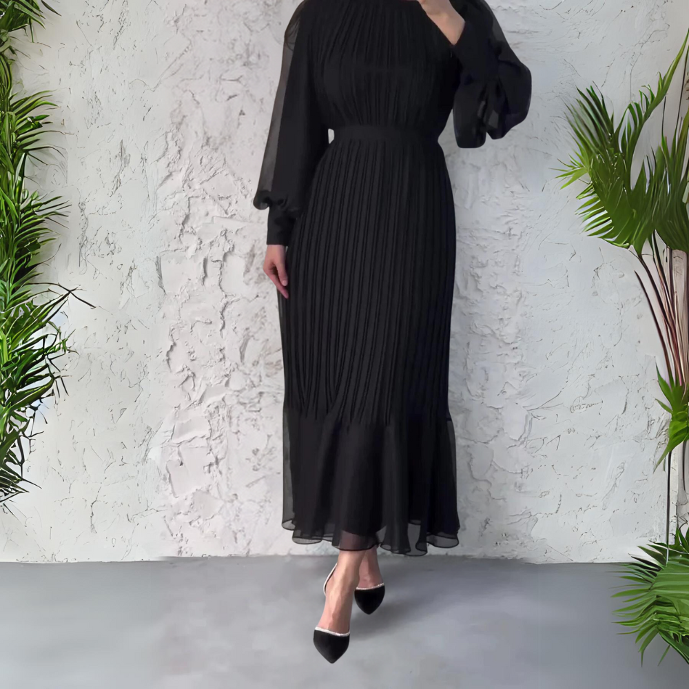Elegante Plisséjurk Met Hoge Hals – Stijlvolle Lange Mouwen En Verfijnde Midi-Lengte