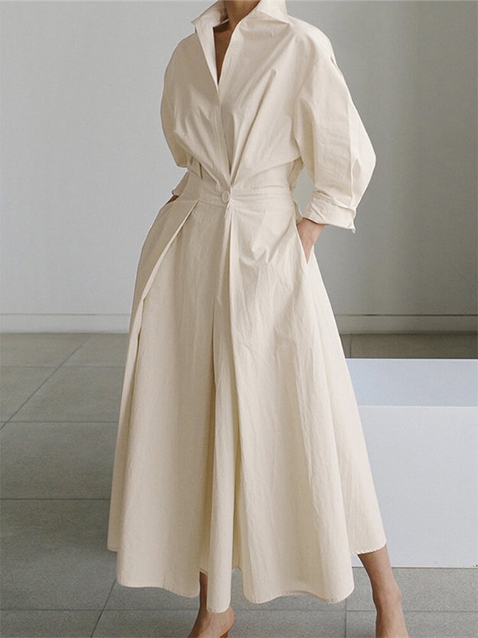 Stijlvolle Maxi Jurk Voor Dames – Effen Kleur, Praktische Zakken & Elegante Revers Met Knopen Voor Een Tijdloze Look Op Elke Gelegenheid.