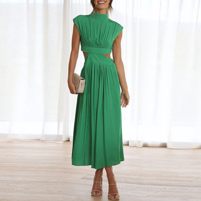 Dames Midi Cut-Out Jurk Met Hoge Hals En Geplooide Details – Lente, Zomer En Herfst