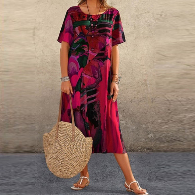 Kleurrijke Dames Zomerjurk Met Print En Korte Mouwen – Luchtig En Comfortabel Voor Elke Dag