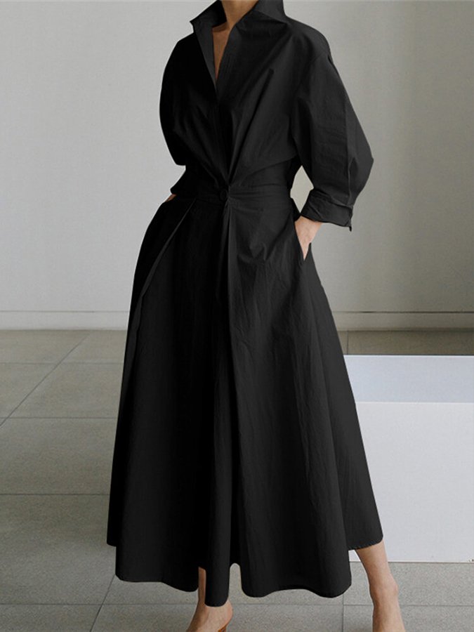 Stijlvolle Maxi Jurk Voor Dames – Effen Kleur, Praktische Zakken & Elegante Revers Met Knopen Voor Een Tijdloze Look Op Elke Gelegenheid.