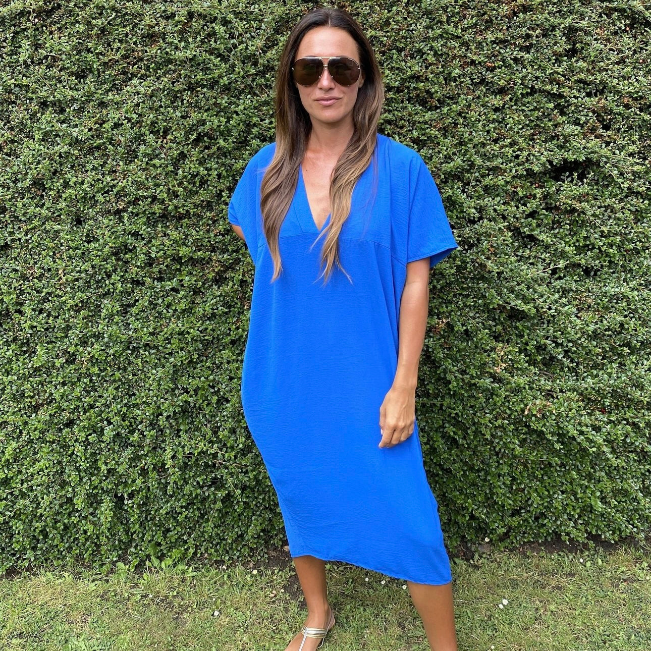 Dames Losvallende Midi-Jurk Met V-Hals En Korte Mouwen – Lente, Zomer En Casual Momenten