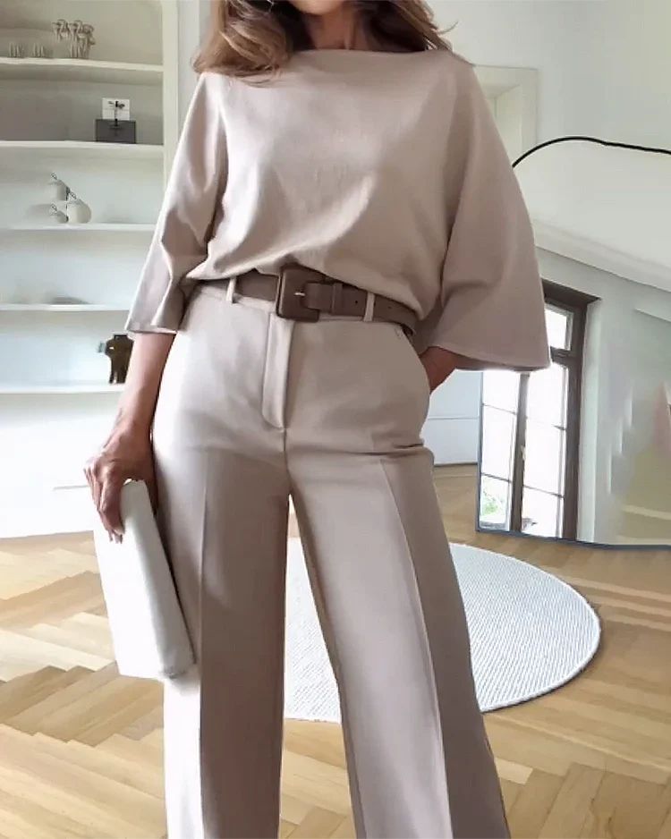 Dames Pantalon Set Met Wijde Broek En Top Met Halflange Mouwen – Ideaal Voor Lente, Zomer En Herfst