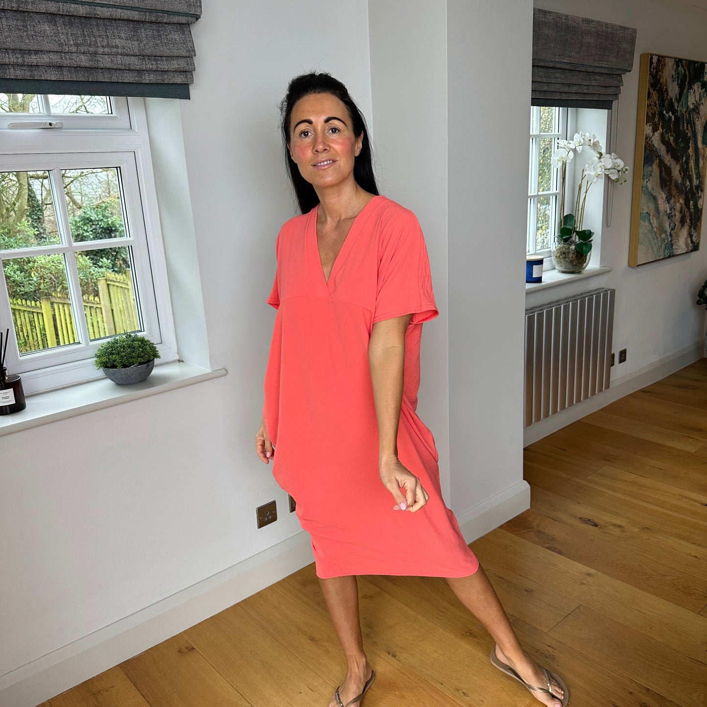 Dames Losvallende Midi-Jurk Met V-Hals En Korte Mouwen – Lente, Zomer En Casual Momenten