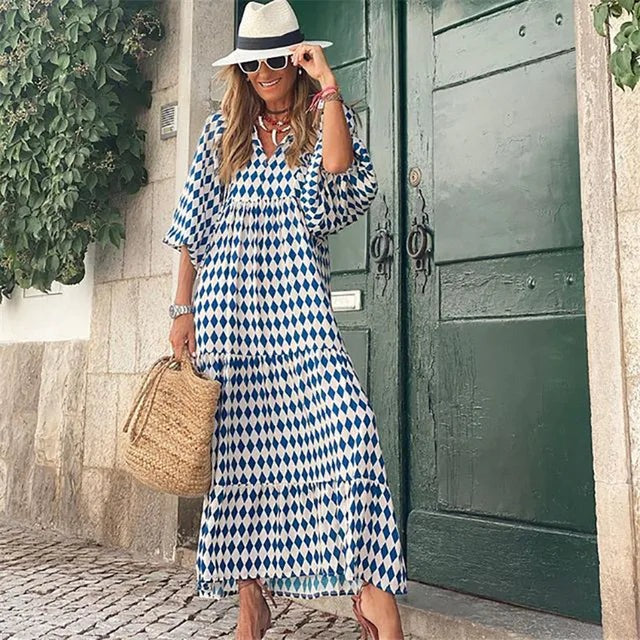 Lange Jurk Met Print En Ballonmouwen – Moeiteloze Elegantie Met Een Vleugje Boho