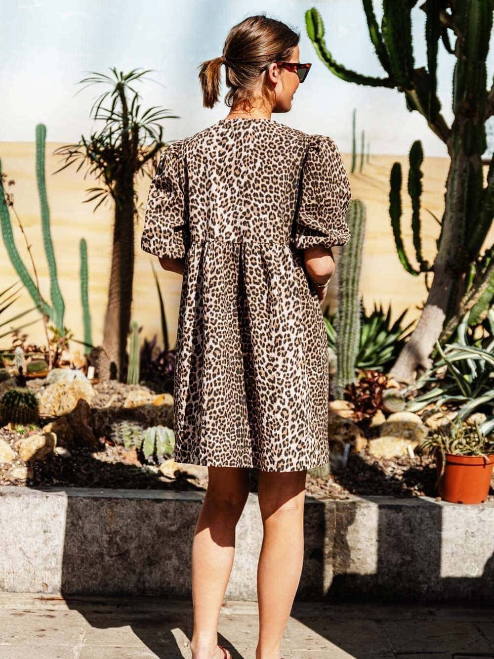Dames Panterprint Jurk Met Pofmouwen En Strikdetails – Lente, Zomer En Vroege Herfst